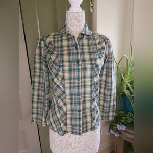 Vintage 70s Plaid Blouse Pleated Button-Down Puffed Sleeves Women's Size 4 NEW